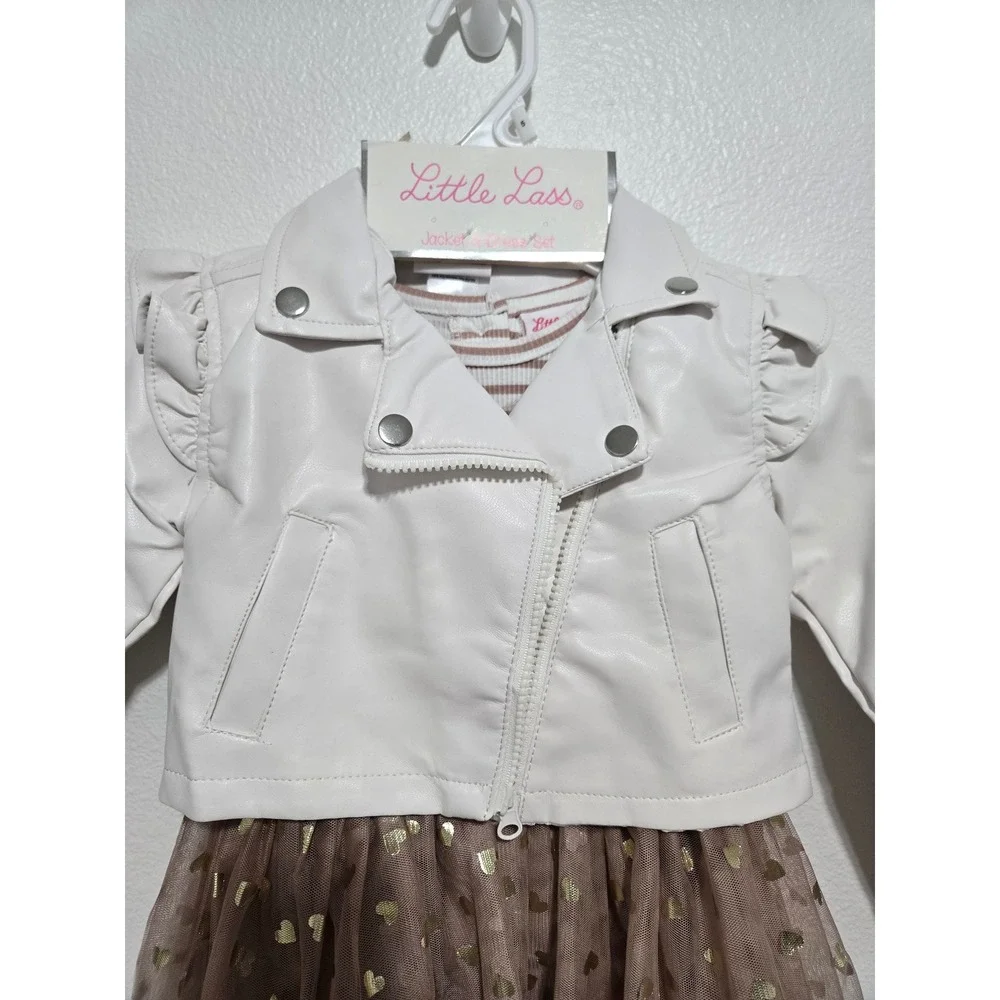Little Lass Girls Outfit‎ Set Dress & Jacket Size 5 Hearts Faux Leather - Picture 2 of 8